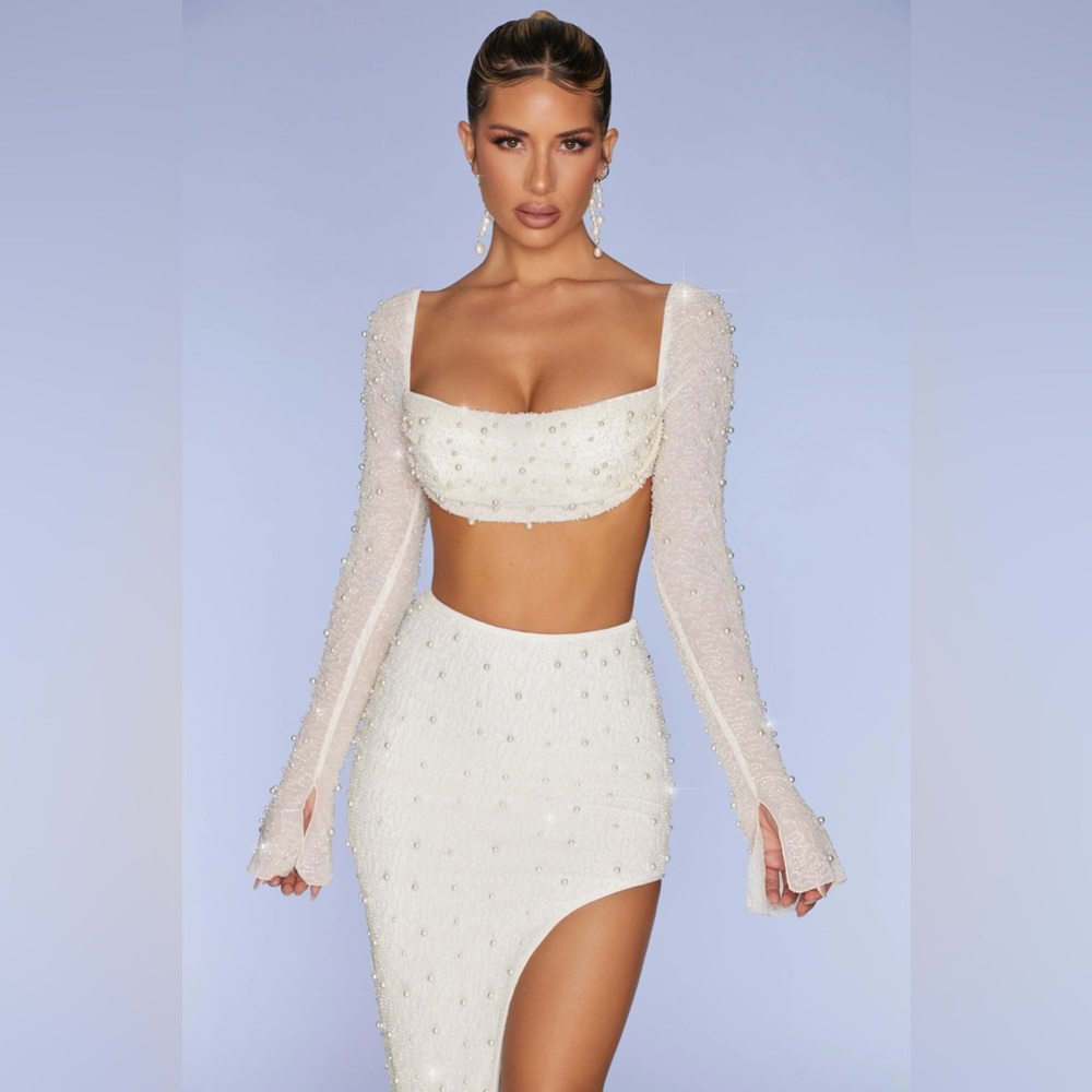 Oh Polly Ivory Embellished/Beaded 2pc Set includes top & skirt.